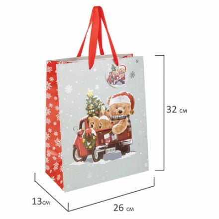 Пакет подарочный КОМПЛЕКТ 4 штуки новогодний 26x13x32 см, "Новогодний мишка", ЗОЛОТАЯ СКАЗКА, 592121