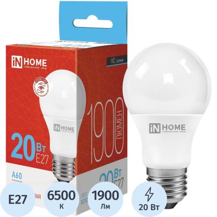 Лампа светодиодная LED-A60-VC 20Вт 230В Е27 6500К IN HOME Лампа светодиодная LED-A60-VC 20Вт 230В Е27 6500К IN HOME