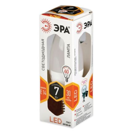 Лампа светодиодная ЭРА STD, 7 (60) Вт, цоколь E14, "свеча", теплый белый свет, 30000 ч., LED B35-7W-827-E14, Б0020538 Лампа светодиодная ЭРА STD, 7 (60) Вт, цоколь E14, "свеча", теплый белый свет, 30000 ч., LED B35-7W-827-E14, Б0020538