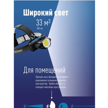 Фонарь налобный аккумуляторный КОСМОС, 5 Вт, COB, Li-ion, 3 режима, заряд от USB, KOCH5WLi-On
