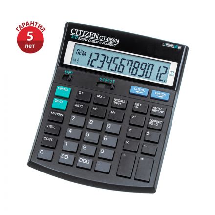 Калькулятор настольный Citizen CТ-666N, 12 разрядов, двойное питание, 142*186*37мм, черный