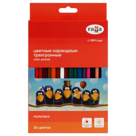 Карандаши цветные Гамма "Мультики", 36цв., трехгранные, заточен., картон. упак., европодвес Карандаши цветные Гамма "Мультики", 36цв., трехгранные, заточен., картон. упак., европодвес