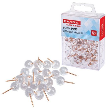 Силовые кнопки-гвоздики BRAUBERG CLEAR & GOLD, прозрачные с золотистым (шарики), 100 штук, 11 мм, 272760 Силовые кнопки-гвоздики BRAUBERG CLEAR & GOLD, прозрачные с золотистым (шарики), 100 штук, 11 мм, 272760