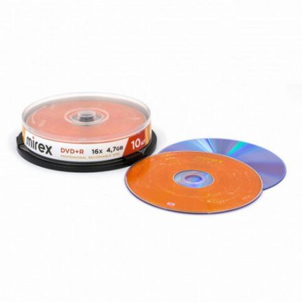 Диск DVD+R (плюс) MIREX, 4,7 Гб, 16x, Cake Box (упаковка на шпиле), КОМПЛЕКТ 10 шт., UL130013A1L Диск DVD+R (плюс) MIREX, 4,7 Гб, 16x, Cake Box (упаковка на шпиле), КОМПЛЕКТ 10 шт., UL130013A1L