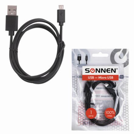 Кабель USB 2.0 – micro USB, 1 м, SONNEN, медь, для передачи данных и зарядки, черный, 513115 Кабель USB 2.0 – micro USB, 1 м, SONNEN, медь, для передачи данных и зарядки, черный, 513115