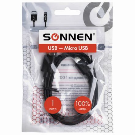 Кабель USB 2.0 – micro USB, 1 м, SONNEN, медь, для передачи данных и зарядки, черный, 513115 Кабель USB 2.0 – micro USB, 1 м, SONNEN, медь, для передачи данных и зарядки, черный, 513115