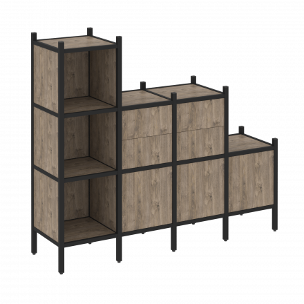 Loft Прямой стеллаж наборный VR.L-17 Тиквуд тёмный/Чёрный металл 1278*446*1458