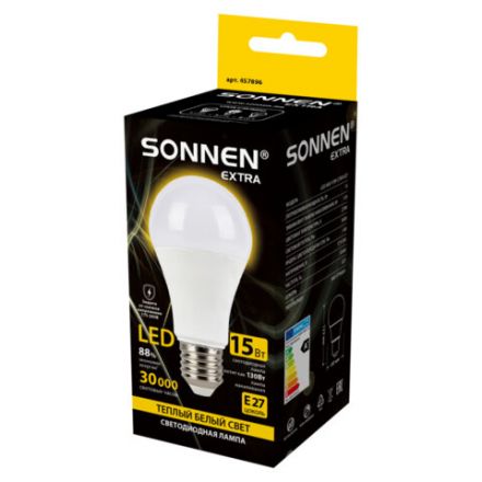 Лампа светодиодная SONNEN EXTRA, 15 (130) Вт, Е27, груша, теплый белый, 30000 ч, LED A60-15W-2700-Е27, 457896 Лампа светодиодная SONNEN EXTRA, 15 (130) Вт, Е27, груша, теплый белый, 30000 ч, LED A60-15W-2700-Е27, 457896