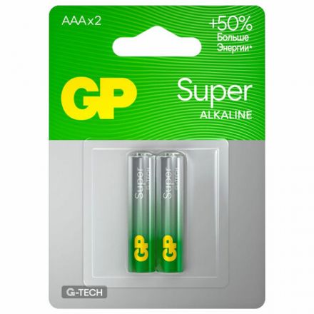 Батарейки КОМПЛЕКТ 2 шт., GP Super G-Tech, AAA (LR03, 24А), алкалиновые, мизинчиковые, блистер, 24A-2, 24A-2CR2
