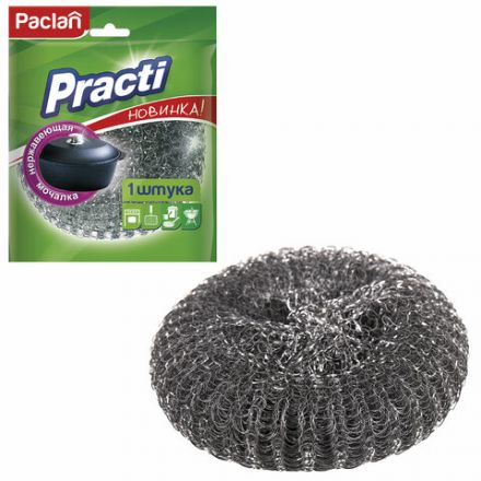 Губка (мочалка) металлическая, сетчатая, 38 г, БОЛЬШАЯ, для посуды, гриля, плиты, PACLAN "Practi"