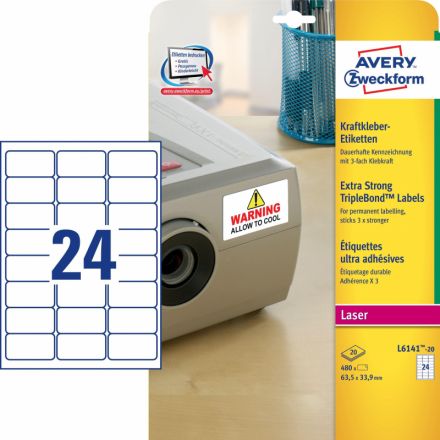 Этикетки самоклеящиеся Avery Zweckform для инвентаризации стойкие (белые 63.5*33.9 мм, 24 штуки на листе А4, 20 листов)