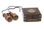 Бинокль в деревянной подарочной коробке с компасом и латунным декором Secret De Maison( mod. 48366 ), латунь/дерево/кожа, 8х15х14см, античная медь/коричневый