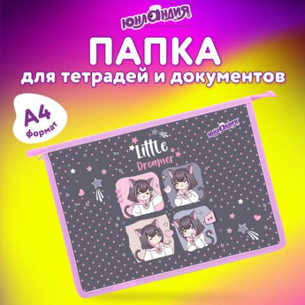 Папка для тетрадей ЮНЛАНДИЯ А4, 1 отделение, пластик, на молнии, "Anime dreamer", 273349 Папка для тетрадей ЮНЛАНДИЯ А4, 1 отделение, пластик, на молнии, "Anime dreamer", 273349