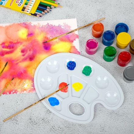 Палитра для рисования ЮНЛАНДИЯ белая, овальная, 6 ячеек для красок и 4 для смешивания, европодвес, 227806 Палитра для рисования ЮНЛАНДИЯ белая, овальная, 6 ячеек для красок и 4 для смешивания, европодвес, 227806