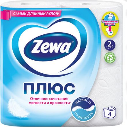 Бумага туалетная 2-х слойная, 4 рулона (4х23 м), белая, ZEWA Plus, 144051 Бумага туалетная 2-х слойная, 4 рулона (4х23 м), белая, ZEWA Plus, 144051