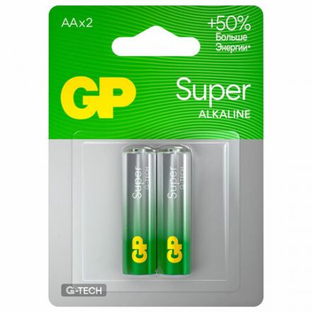 Батарейки КОМПЛЕКТ 2 шт., GP Super G-Tech, AA (LR6, 15А), алкалиновые, пальчиковые, блистер, 15A-2CR2