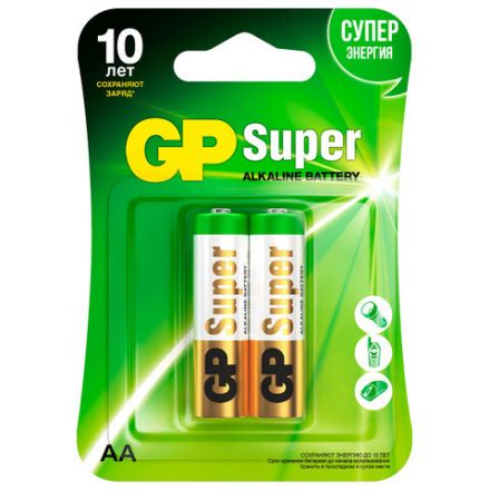 Батарейки КОМПЛЕКТ 2 шт., GP Super G-Tech, AA (LR6, 15А), алкалиновые, пальчиковые, блистер, 15A-2CR2