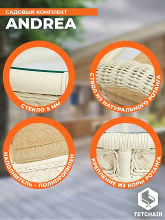 Комплект террасный Андреа/Andrea (стол кофейный со стеклом + 2 кресла + подушки) ротанг, 64х67х92см/Д60х55, белый Комплект террасный Андреа/Andrea (стол кофейный со стеклом + 2 кресла + подушки) ротанг, 64х67х92см/Д60х55, белый