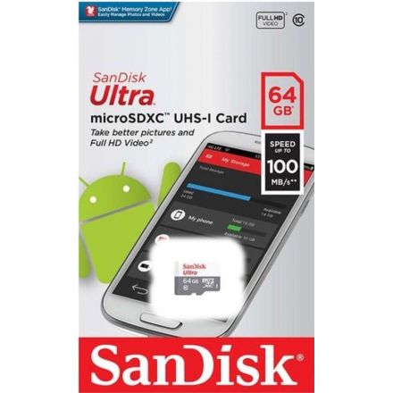 Карта памяти SanDisk Ultra microSDXC UHS-I Cl10, SDSQUNR-064G-GN3MN