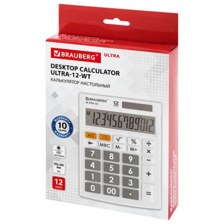 Калькулятор настольный BRAUBERG ULTRA-12-WT (192x143 мм), 12 разрядов, двойное питание, БЕЛЫЙ, 250496 Калькулятор настольный BRAUBERG ULTRA-12-WT (192x143 мм), 12 разрядов, двойное питание, БЕЛЫЙ, 250496