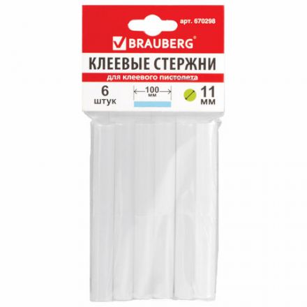 Клеевые стержни, диаметр 11 мм, длина 100 мм, белые, комплект 6 штук, BRAUBERG, европодвес, 670298