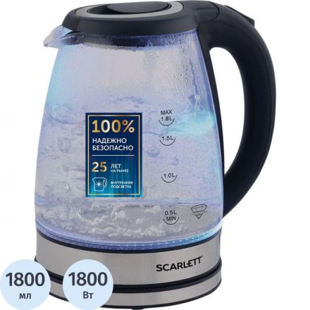 Чайник SCARLETT SC-EK27G88, электрический, стекло, 1800Вт, 1.8л, черный