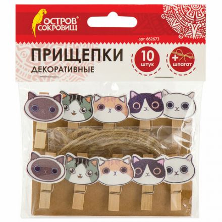 Прищепки декоративные "Котики", 10 штук, 3,5 см, ассорти, со шпагатом, ОСТРОВ СОКРОВИЩ, 662673 Прищепки декоративные "Котики", 10 штук, 3,5 см, ассорти, со шпагатом, ОСТРОВ СОКРОВИЩ, 662673