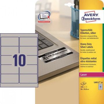 Этикетки самоклеящиеся Avery Zweckform из серебристой пленки 96*50.8 мм (10 штук на листе, 20 листов, артикул производителя L6012-20)