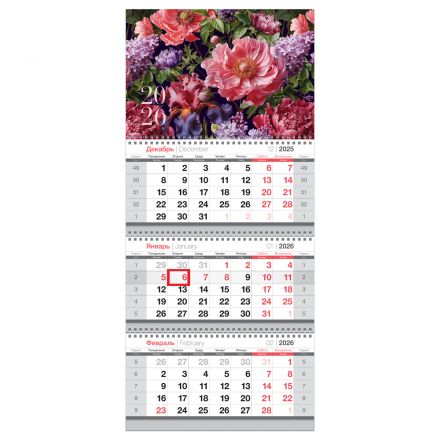 Календарь квартальный 3 бл. на 3 гр., 295*660 мм BG "Цветы", с бегунком, 2026г.