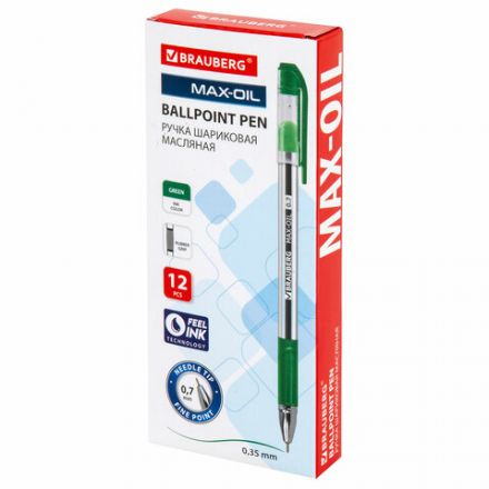Ручка шариковая масляная с грипом BRAUBERG "Max-Oil", ЗЕЛЕНАЯ, игольчатый узел 0,7 мм, линия письма 0,35 мм, 142144
