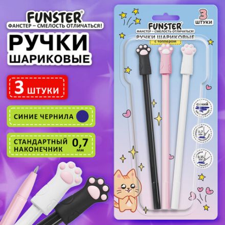 Ручки с топпером шариковые FUNSTER (ФАНСТЕР) "CAT PAWS", НАБОР 3 ШТУКИ, СИНИЕ, пишущий узел 0,7 мм, линия письма 0,35 мм, 144375 Ручки с топпером шариковые FUNSTER (ФАНСТЕР) "CAT PAWS", НАБОР 3 ШТУКИ, СИНИЕ, пишущий узел 0,7 мм, линия письма 0,35 мм, 144375