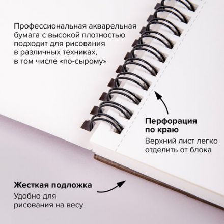 Альбом для акварели, бумага 300 г/м2, 270х390 мм, среднее зерно, 16 листов, гребень, BRAUBERG ART PREMIERE, 113213
