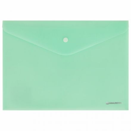Папка-конверт с кнопкой BRAUBERG "Pastel", А4, матовая непрозрачная, мятная, ПРОЧНАЯ 0,2 мм, 272883