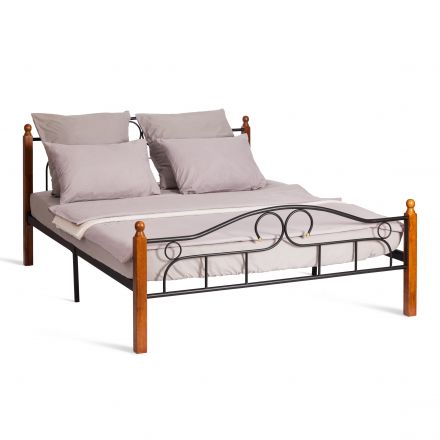 Кровать AT-808, дерево гевея/металл, 160*200 см (Queen bed), красный дуб/черный