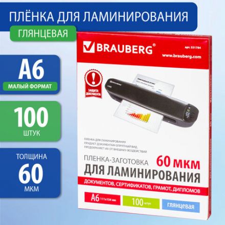 Пленки-заготовки для ламинирования МАЛОГО ФОРМАТА, А6, КОМПЛЕКТ 100 шт., 60 мкм, BRAUBERG, 531784 Пленки-заготовки для ламинирования МАЛОГО ФОРМАТА, А6, КОМПЛЕКТ 100 шт., 60 мкм, BRAUBERG, 531784