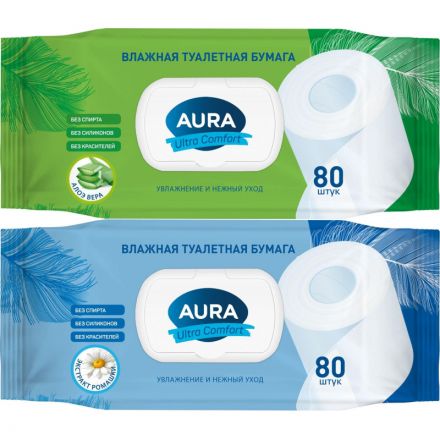 Бумага туалетная влажная AURA ULTRA COMFORT с крышкой 80шт/уп Бумага туалетная влажная AURA ULTRA COMFORT с крышкой 80шт/уп