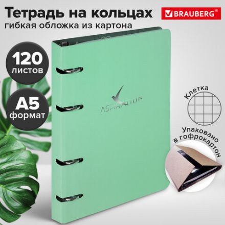 Тетрадь на кольцах А5 160х212 мм, 120 листов, картон, фольга, клетка, BRAUBERG, "Pastel", 404734