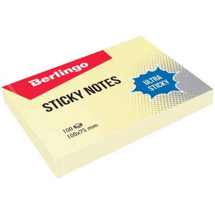 Самоклеящийся блок Berlingo "Ultra Sticky", 100*75мм, 100л., пастель, желтый