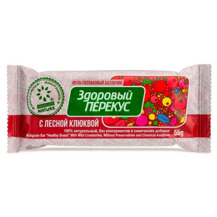 Батончик-мюсли ЗДОРОВЫЙ ПЕРЕКУС с клюквой, 20 шт. по 55 г, 16919 Батончик-мюсли ЗДОРОВЫЙ ПЕРЕКУС с клюквой, 20 шт. по 55 г, 16919