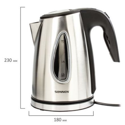 Чайник SONNEN KT-1721, 1,7 л, 2200 Вт, закрытый нагревательный элемент, нержавеющая сталь, черный, подсветка, 454347 Чайник SONNEN KT-1721, 1,7 л, 2200 Вт, закрытый нагревательный элемент, нержавеющая сталь, черный, подсветка, 454347