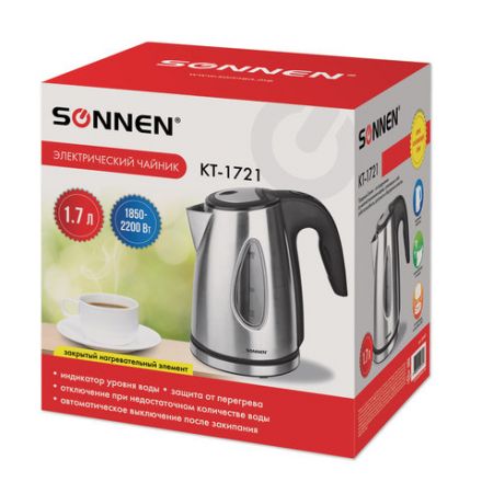 Чайник SONNEN KT-1721, 1,7 л, 2200 Вт, закрытый нагревательный элемент, нержавеющая сталь, черный, подсветка, 454347 Чайник SONNEN KT-1721, 1,7 л, 2200 Вт, закрытый нагревательный элемент, нержавеющая сталь, черный, подсветка, 454347