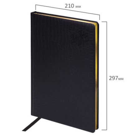 Ежедневник датированный 2026 БОЛЬШОЙ ФОРМАТ 210х297мм А4, BRAUBERG Comodo, под кожу, черный, 117242