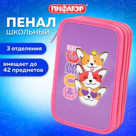 Пенал ПИФАГОР, 3 отделения, ламинированный картон, 19х11 см, "Corgi queen", 272250