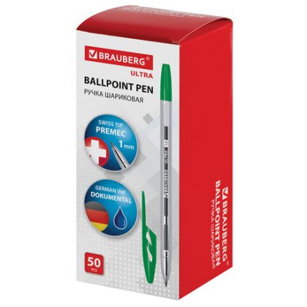 Ручка шариковая BRAUBERG "ULTRA", ЗЕЛЕНАЯ, узел 1 мм, чернила ГЕРМАНИЯ, наконечник ШВЕЙЦАРИЯ, 143561