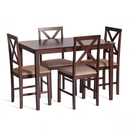 Обеденный комплект эконом Хадсон (стол + 4 стула)/ Hudson Dining Set, дерево гевея/мдф, стол: 110х70х75см / стул: 44х42х89см, cappuccino (темный орех), ткань кор.-зол. (1