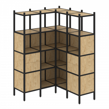 Loft Угловой внутренний стеллаж наборный VR.L-33 Тиквуд светлый/Чёрный металл 1278*1278*1869