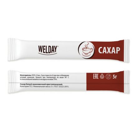 Сахар порционный WELDAY (ВЭЛДЭЙ) в стиках по 5 г, 200 штук, 622496
