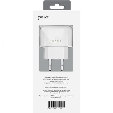 Зарядное устройство сетевое PERO TC10 USB-C 20W + USB-A Fast Charge белый Зарядное устройство сетевое PERO TC10 USB-C 20W + USB-A Fast Charge белый