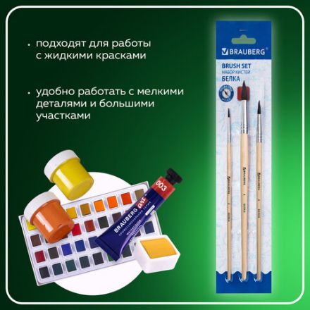 Кисти BRAUBERG, набор 3 шт. (белка, круглые № 2, 4, 6), блистер, 200216 Кисти BRAUBERG, набор 3 шт. (белка, круглые № 2, 4, 6), блистер, 200216