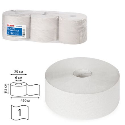 Бумага туалетная БОЛЬШОЙ РУЛОН, 450 м, LAIMA (T1), UNIVERSAL, 1-слойная, КОМПЛЕКТ 6 рулонов, 111336